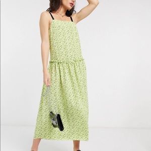 Topshop Floral Midi Dress Lime Neon Black Tie Drop Waist Boho Ruffle Sz US 6